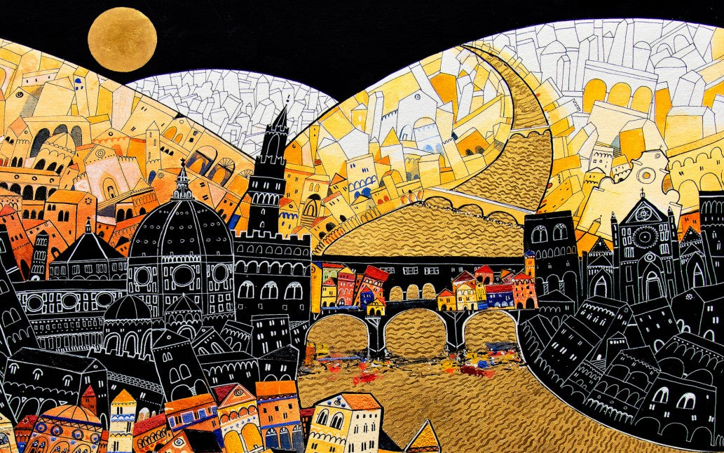 Hand Embellished Print, Florence, Sunset Landscape Paolo Lazzerini, Arteviae